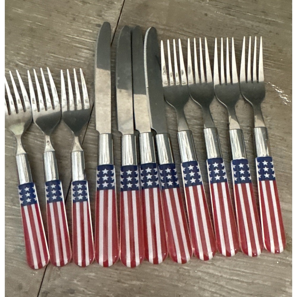 Stars & Stripes Acrylic Handle Flatware 11 Pieces Americana Patriotic Stainless